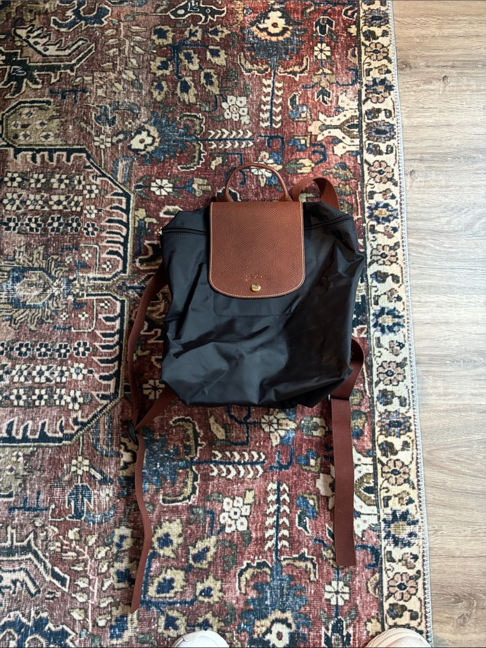 Longchamp Black Nylon Backpack with Brown Trim
